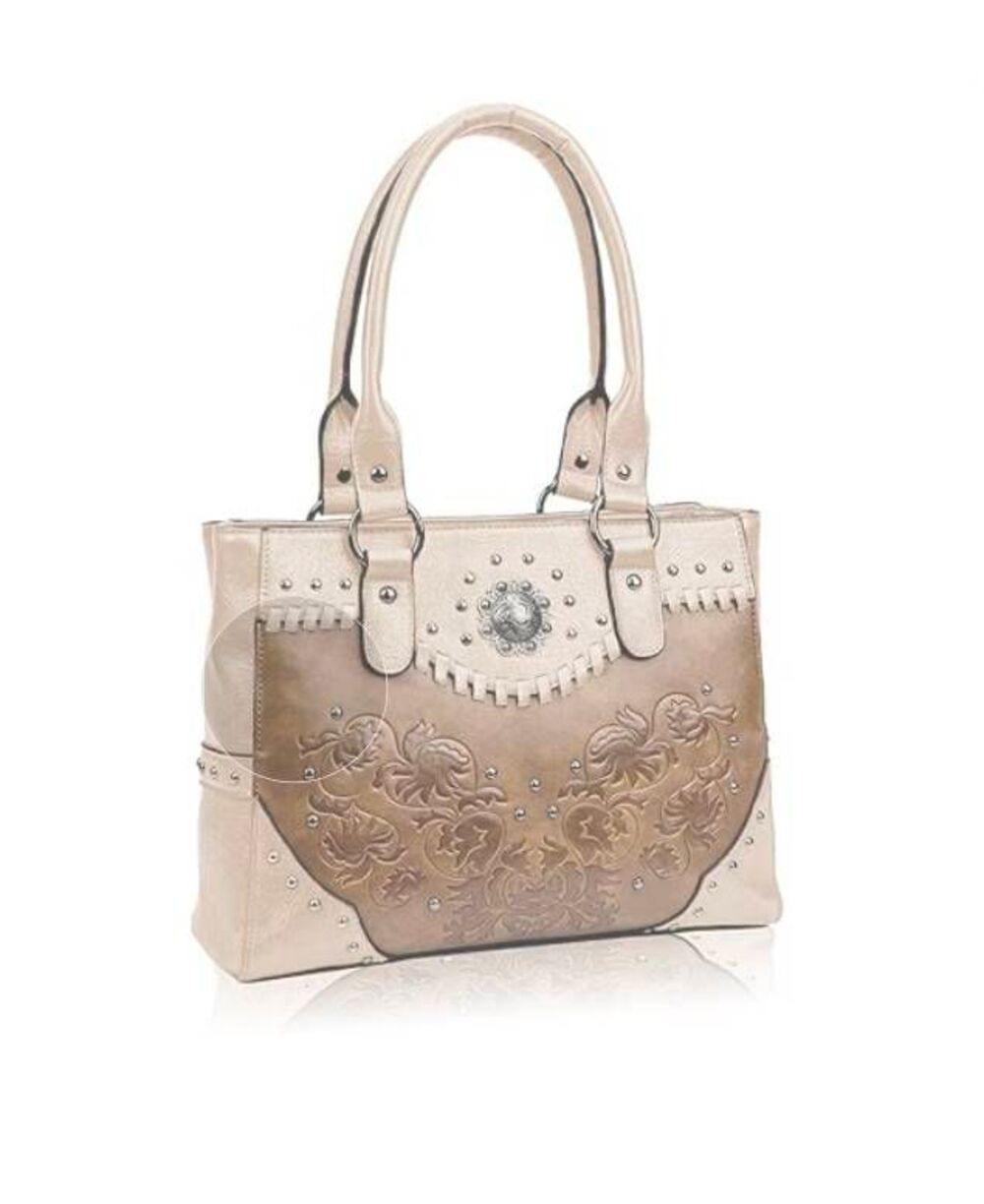 New~LAVAWA Western Shoulder Bag Vintage Embossed Concho Studs~Tan/Cream